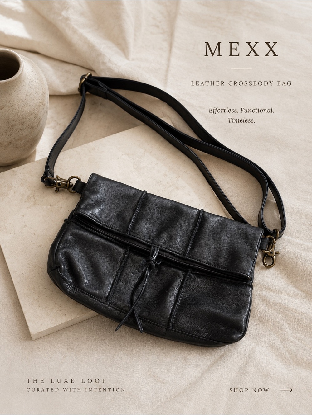 MEXX Black Leather Knot-Detail Crossbody Bag
